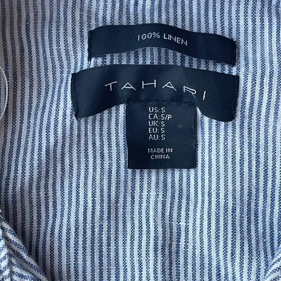 Tahiti 100% Linen Striped Blue Button Down Shirt Cuff Short Sleeve Dress S - Picture 6 of 7